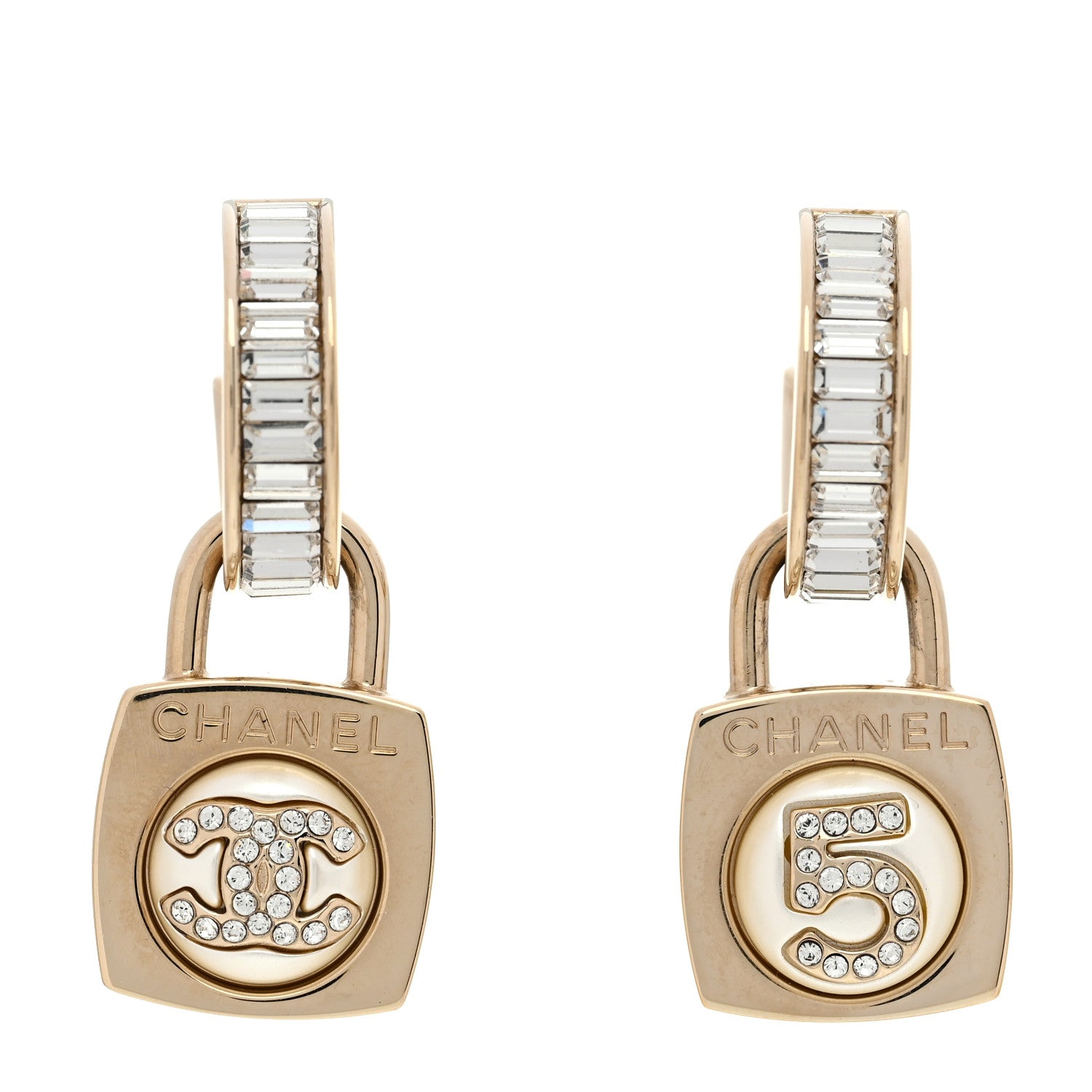 Chanel Pearl Crystal Baguette No 5 Lock Drop Earrings Gold Pearly White 1 of 5