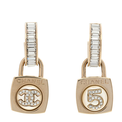 Chanel Pearl Crystal Baguette No 5 Lock Drop Earrings Gold Pearly White 1 of 5