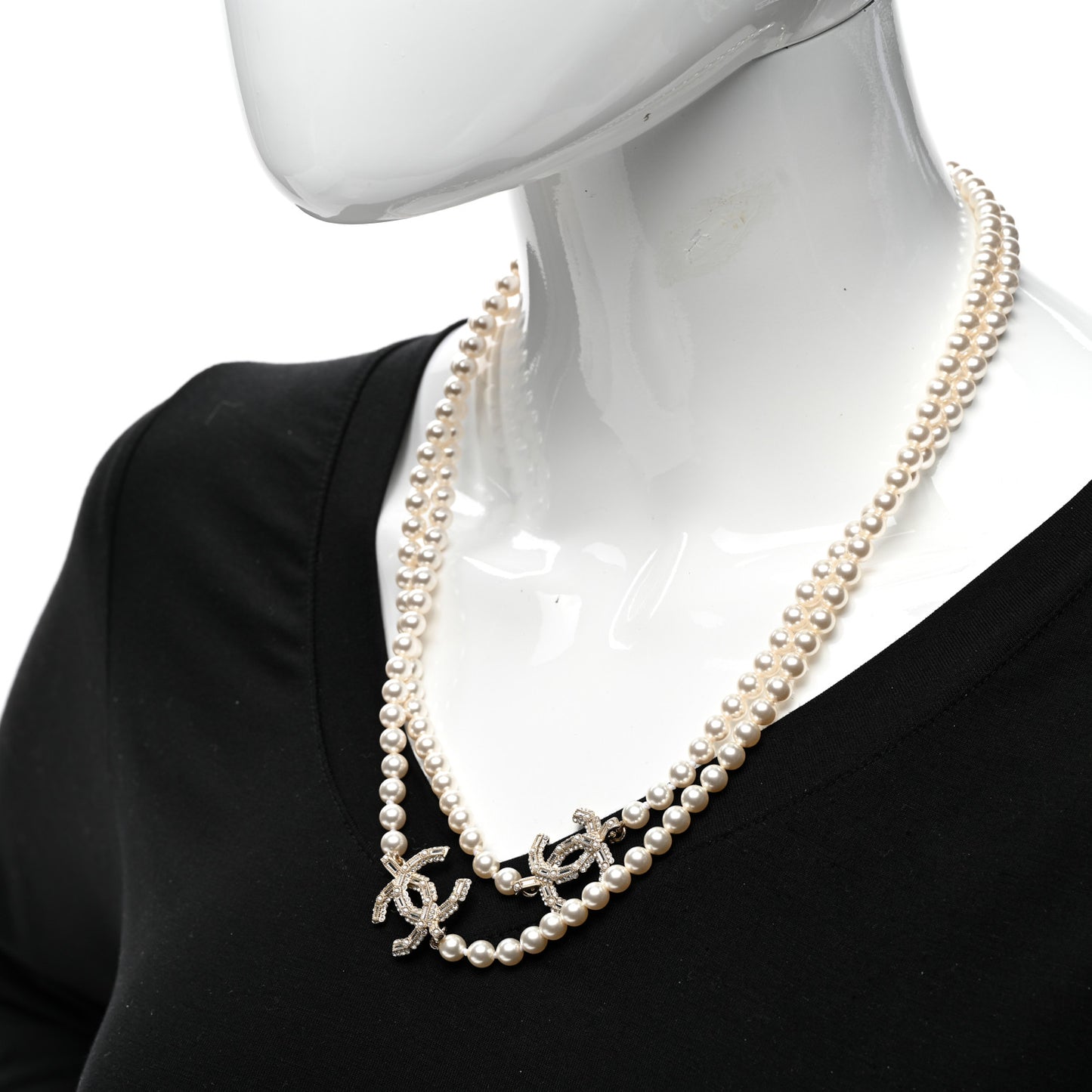 Pearl Baguette Crystal CC Long Necklace Gold