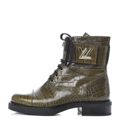 Louis Vuitton Calfskin Crocodile Embossed Wonderland Ranger Boots 37 Kaki 1 of 9