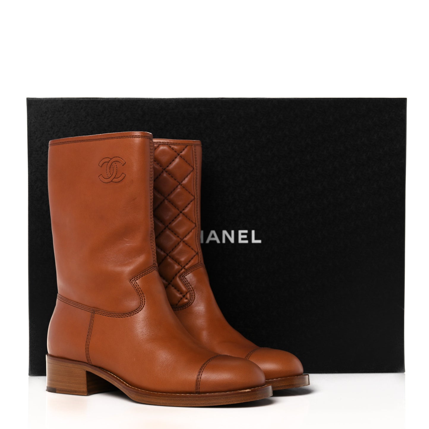 Calfskin Quilted CC Logo Mid Calf Boots 38.5 Caramel