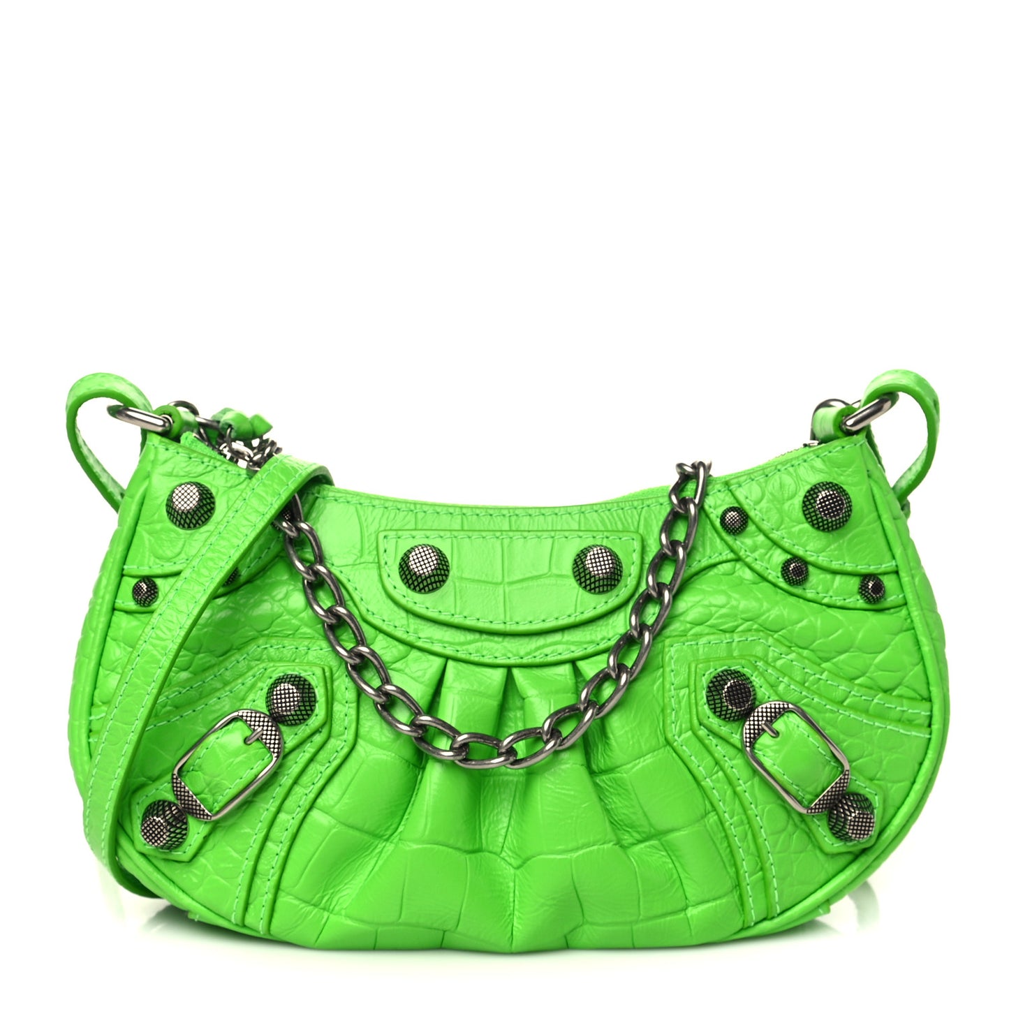 Extra Supple Calfskin Crocodile Embossed Le Cagole Mini Purse With Chain Acid Green