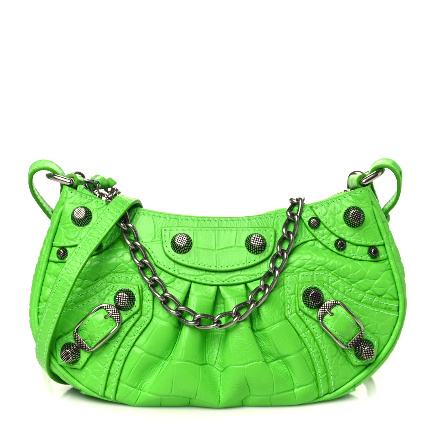 Balenciaga Extra Supple Calfskin Crocodile Embossed Le Cagole Mini Purse With Chain Acid Green 1 of 7