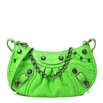 Balenciaga Extra Supple Calfskin Crocodile Embossed Le Cagole Mini Purse With Chain Acid Green 1 of 7