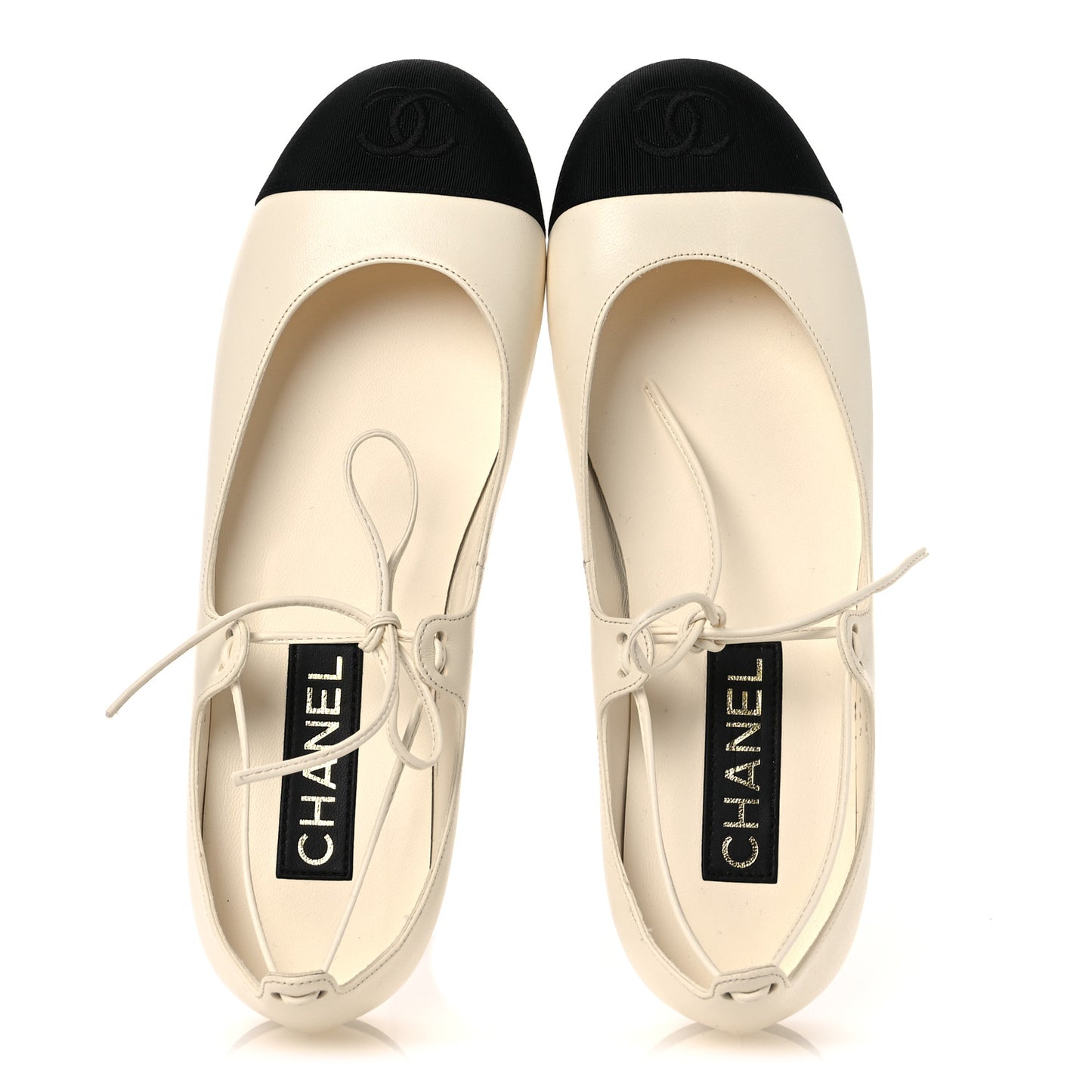 Lambskin Grosgrain Mary Jane Flats 38.5 Ivory Black