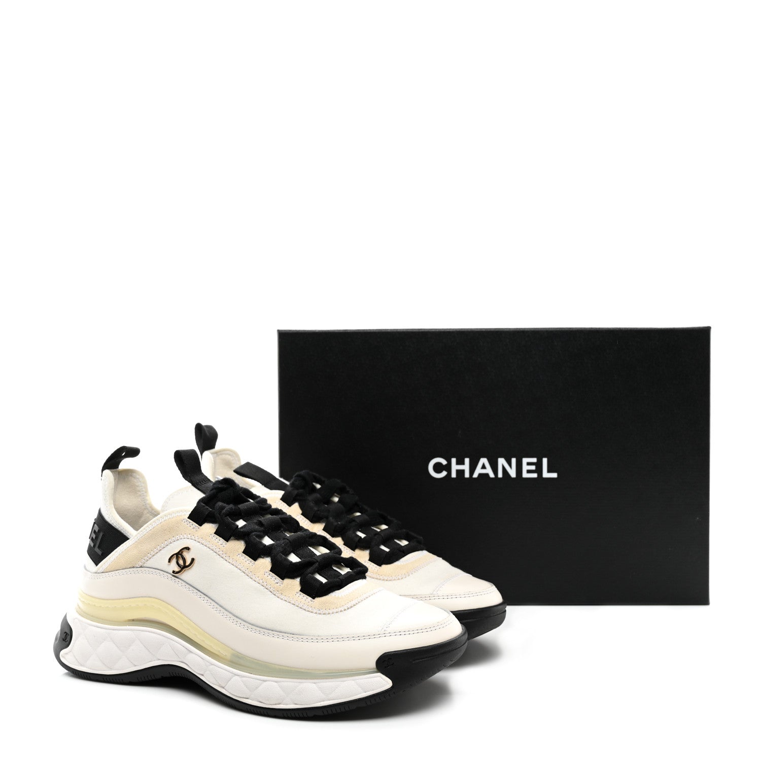 Chanel Velvet Calfskin Mixed Fibers CC Sneakers 38 Ivory Black 9 of 9