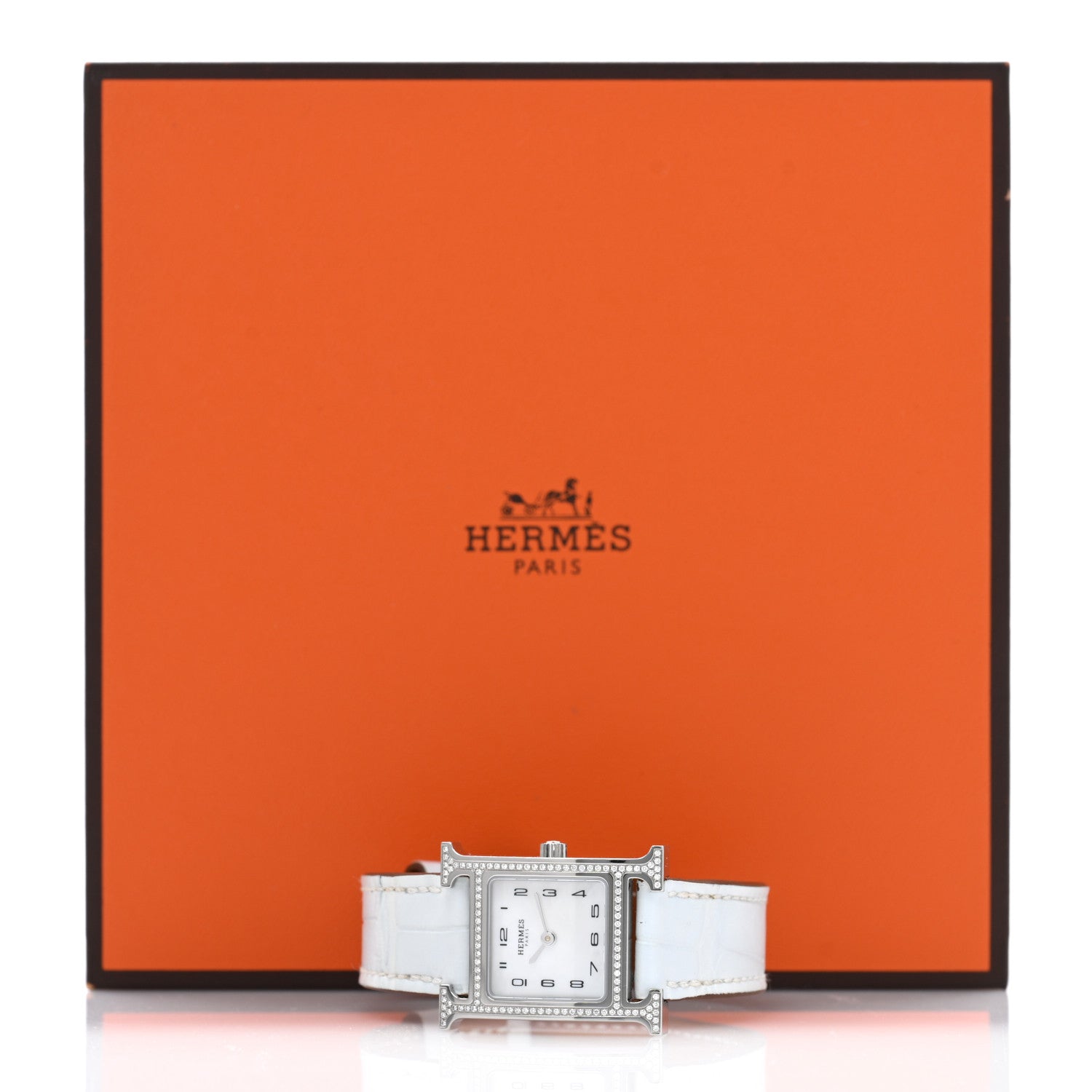Hermes Stainless Steel Alligator Diamond Bezel Mother of Pearl 21mm Heure H Hour Quartz Watch Blanc 5 of 5