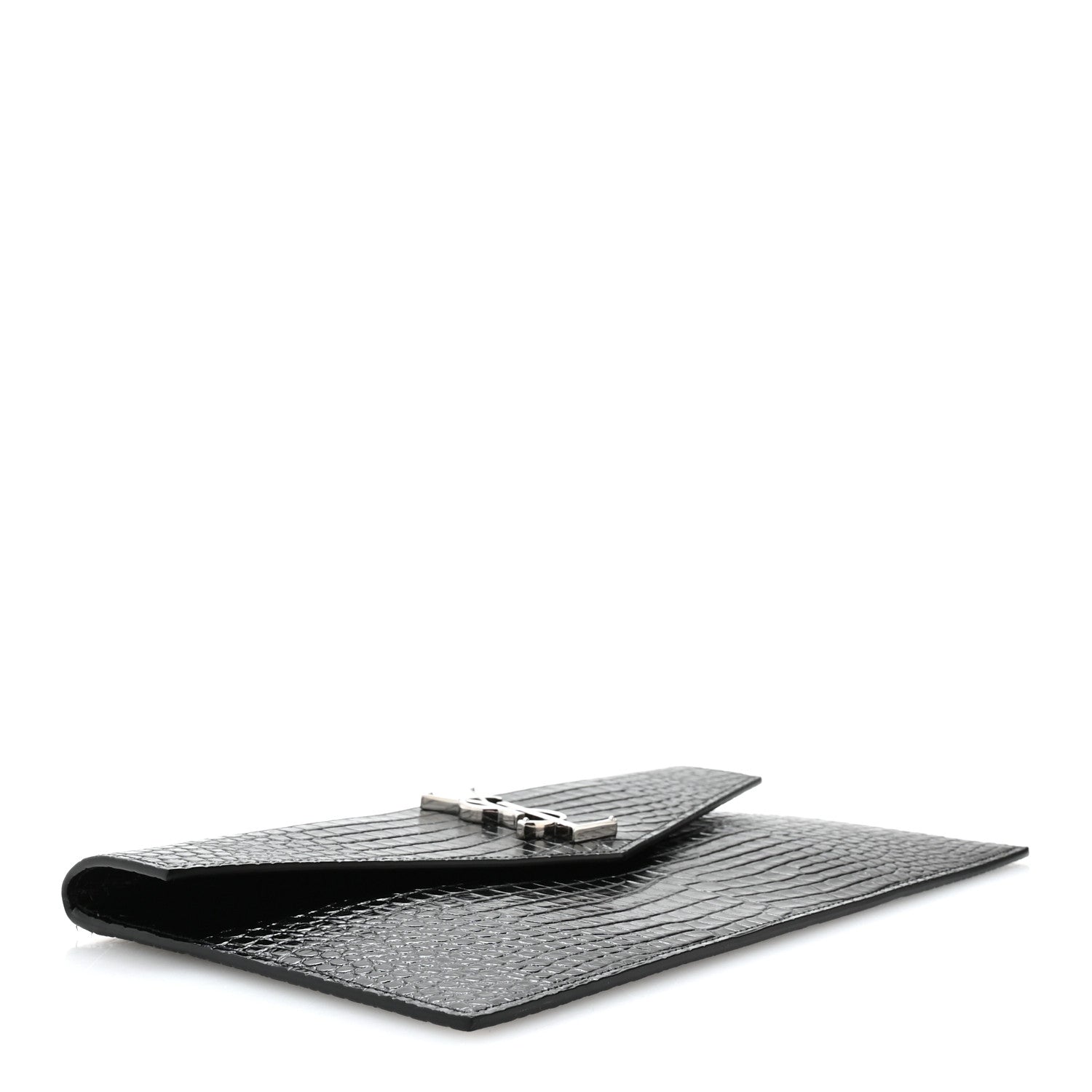 Saint Laurent Calfskin Crocodile Embossed Uptown Monogram Pouch Black 4 of 8