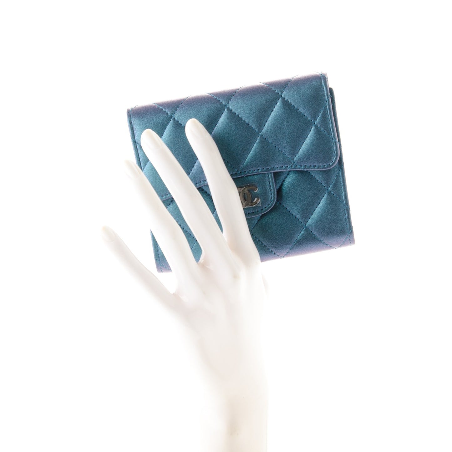 Metallic Lambskin Quilted Compact Flap Wallet Turquoise