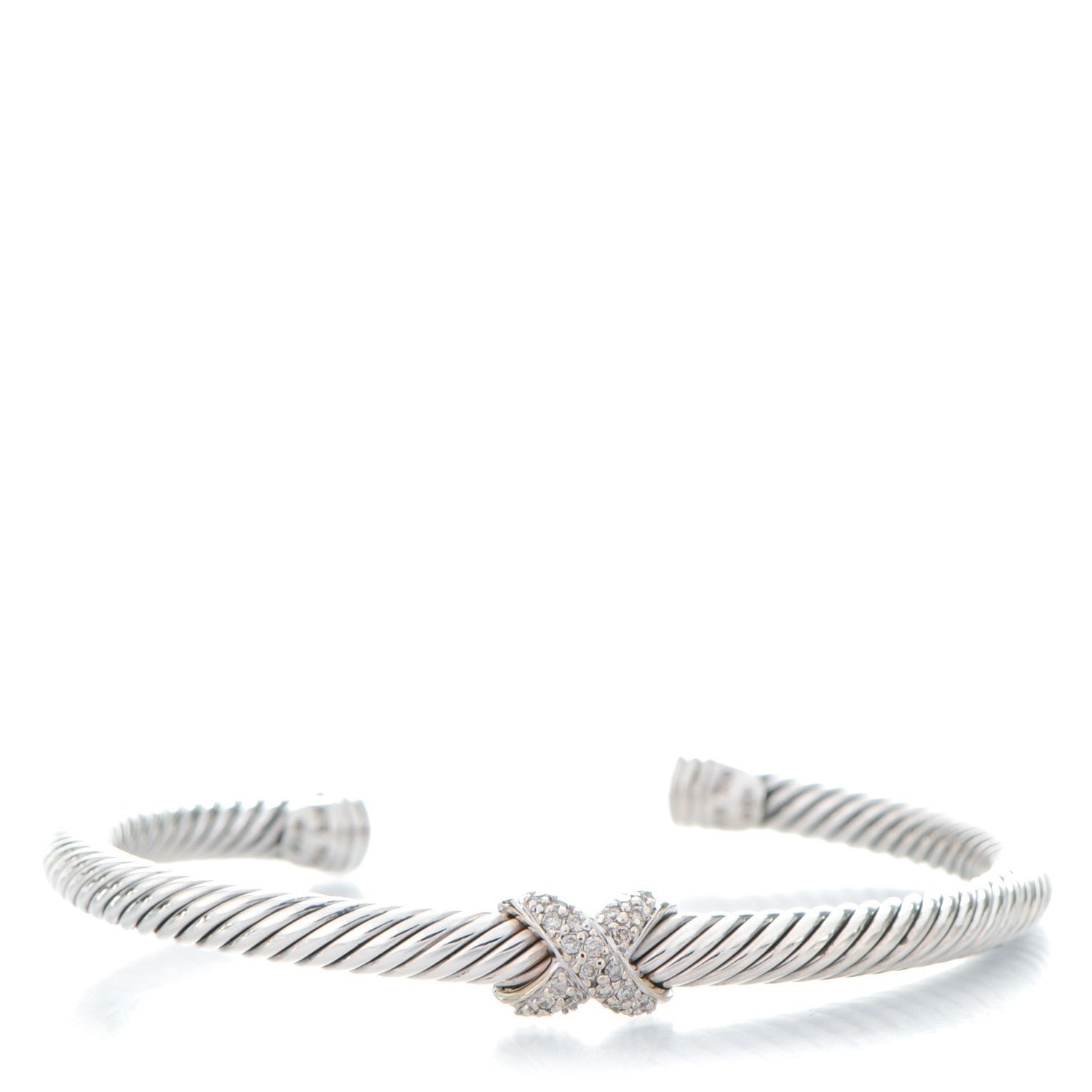 David Yurman Sterling Silver 18K White Gold Diamond Pave 5mm X Cable Bracelet 1 of 5