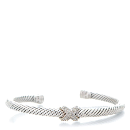 David Yurman Sterling Silver 18K White Gold Diamond Pave 5mm X Cable Bracelet 1 of 5