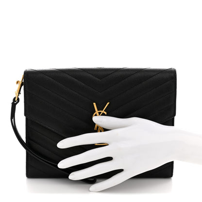 Saint Laurent Grain De Poudre Matelasse Chevron Monogram Envelope Clutch Black 2 of 8