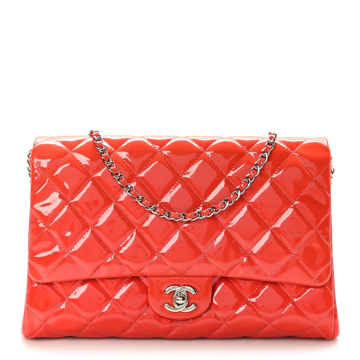 Patent Quilted Clutch With Chain Flap Fuchsia