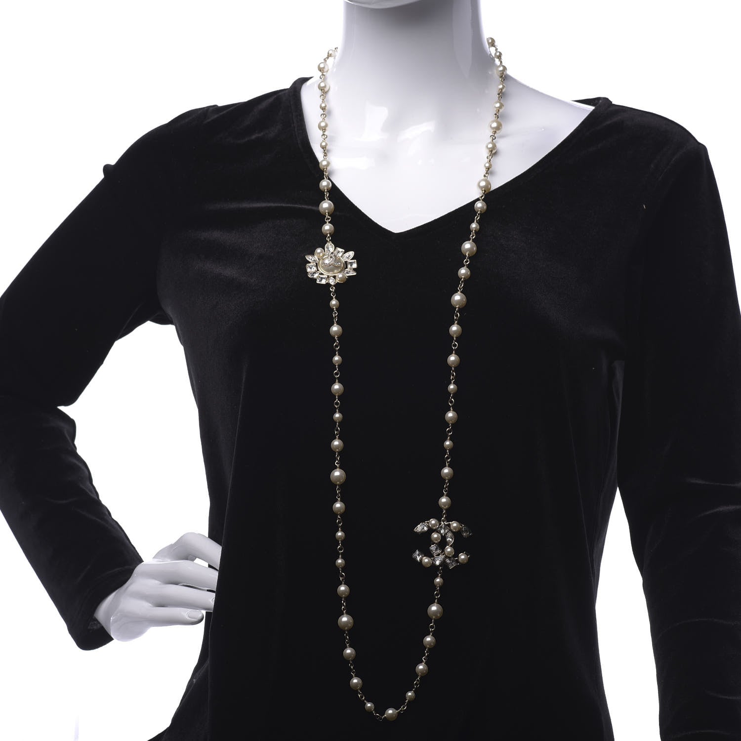 Chanel Pearl Crystal CC Snowfall Long Necklace Gold 2 of 7