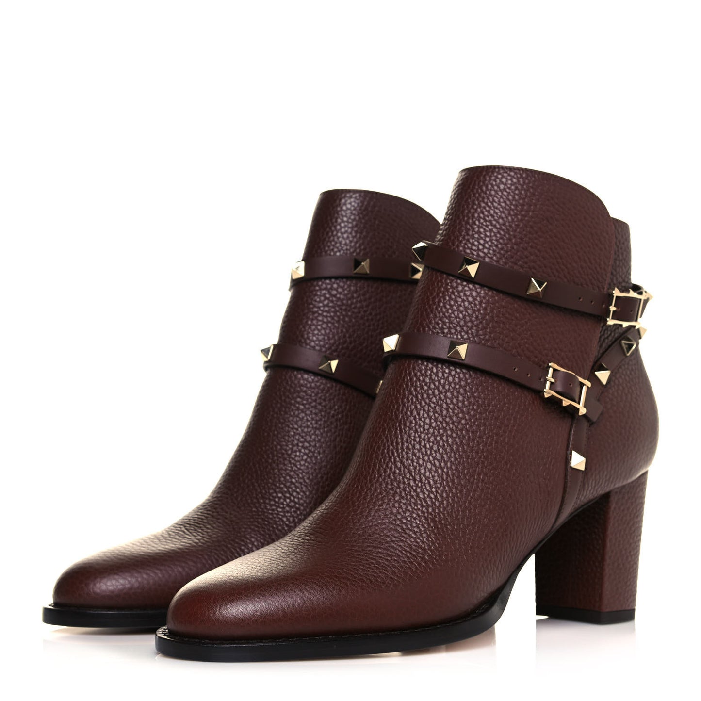 Pebbled Calfskin Rockstud Double Buckle 70mm Block Heel Ankle Boots 41 Rubin