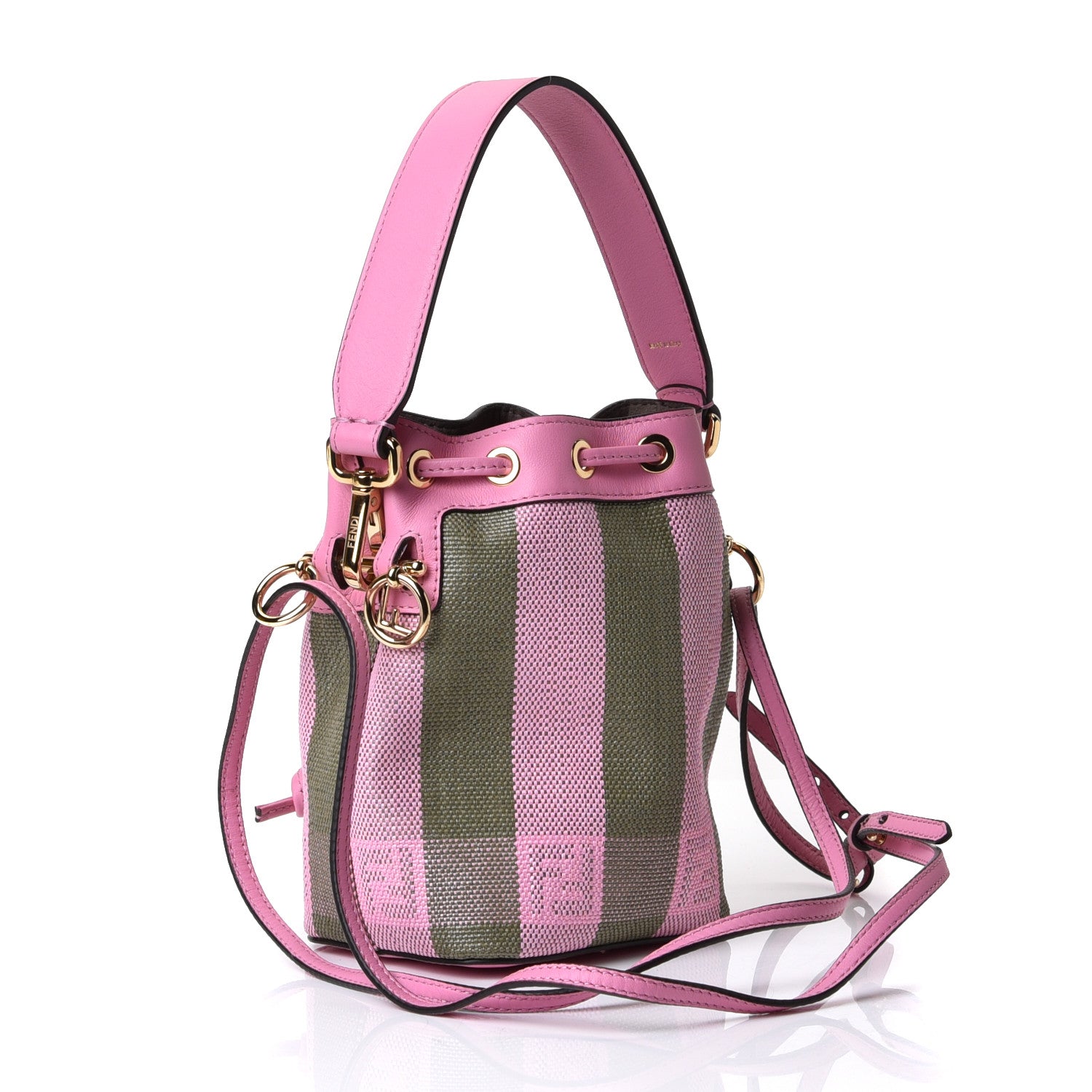 Fendi Raffia Vitello Seta F is Fendi Pequin Gingham Woven Mini Mon Tresor Bucket Bag Military Rosa Lollypop 4 of 10