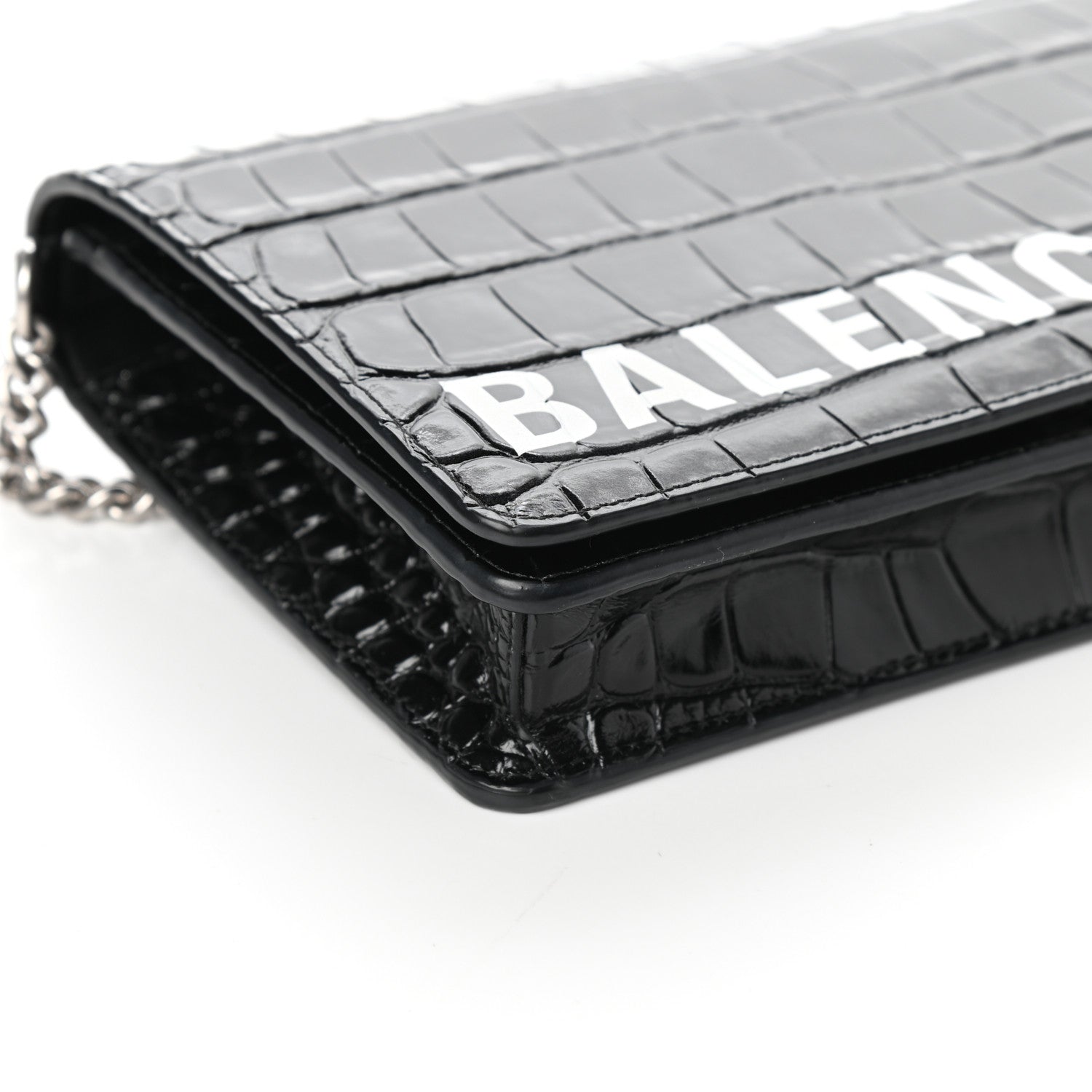 Balenciaga Shiny Calfskin Logo Crocodile Embossed Ville Wallet on Chain Black 7 of 9