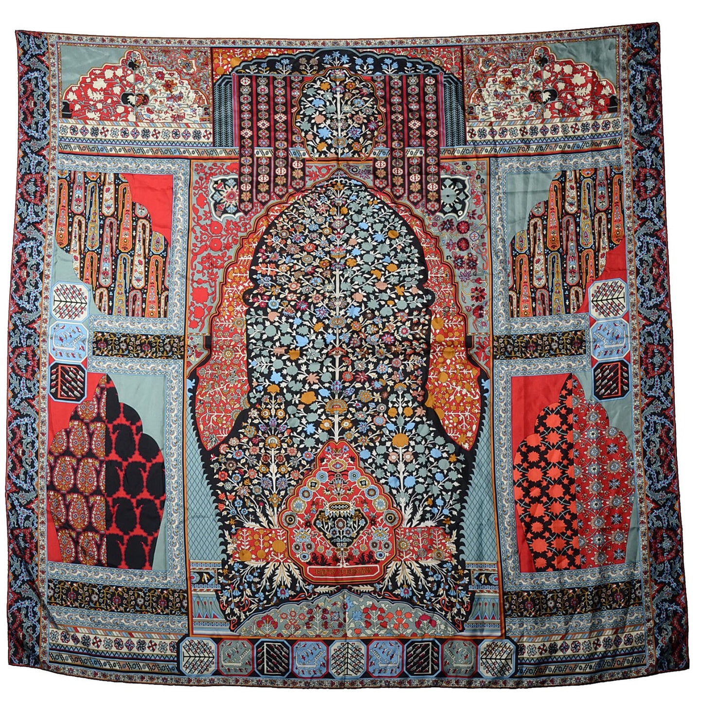 Silk Twill Tapis Persans Giant Plume Scarf 140 Aqua Black Brick Red