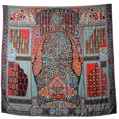 Hermes Silk Twill Tapis Persans Giant Plume Scarf 140 Aqua Black Brick Red 3 of 5