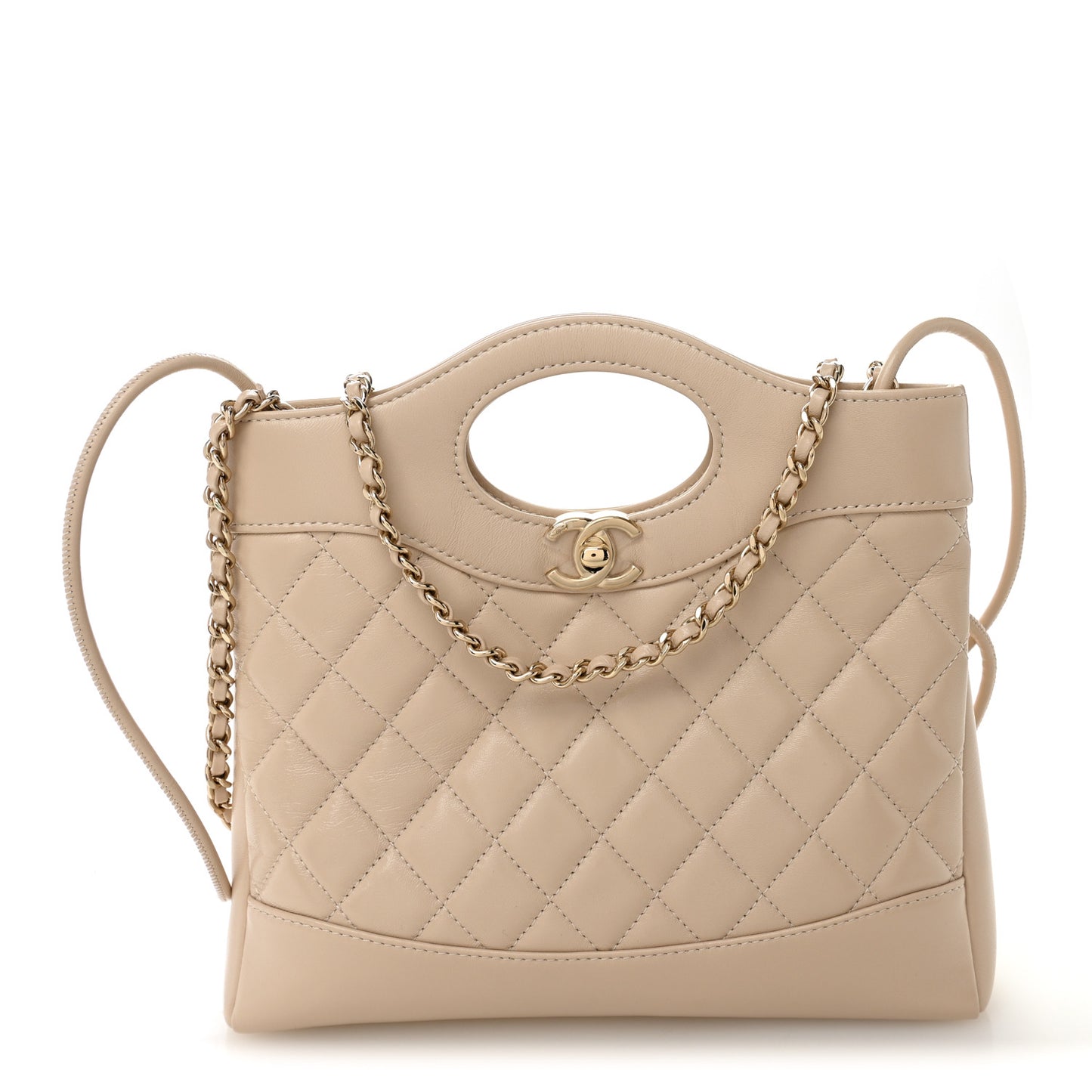 Shiny Crumpled Calfskin Quilted Mini 31 Shopping Bag Beige
