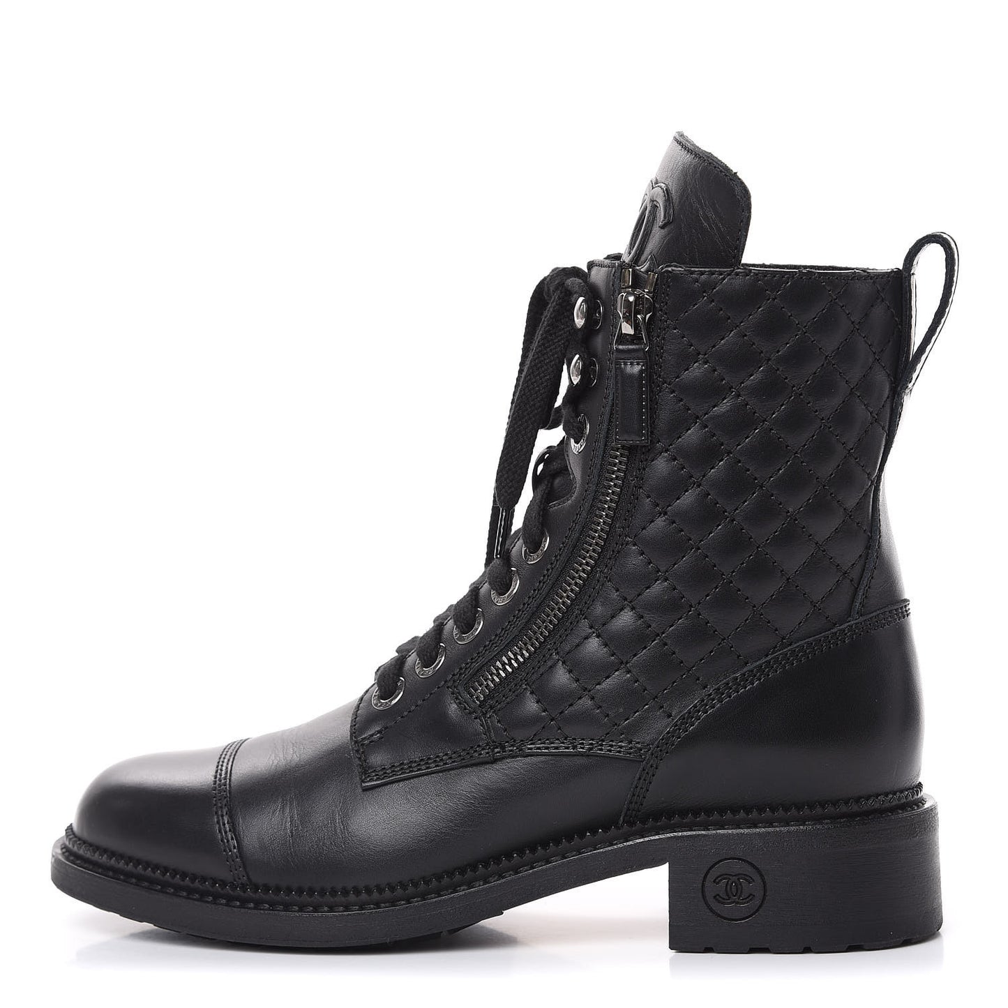 Calfskin Quilted Combat Boots 39 Black