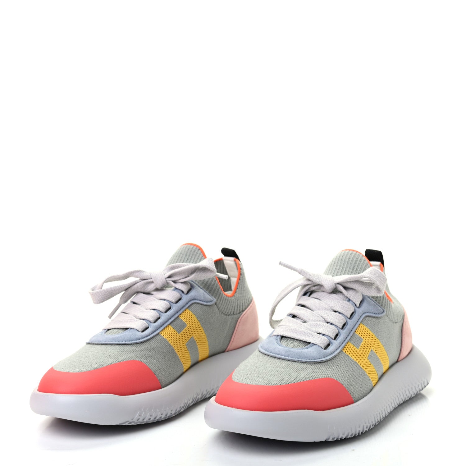Hermes Knit Suede Goatskin Womens Crew Sneakers 37.5 Multicolor Gris Orange 3 of 9