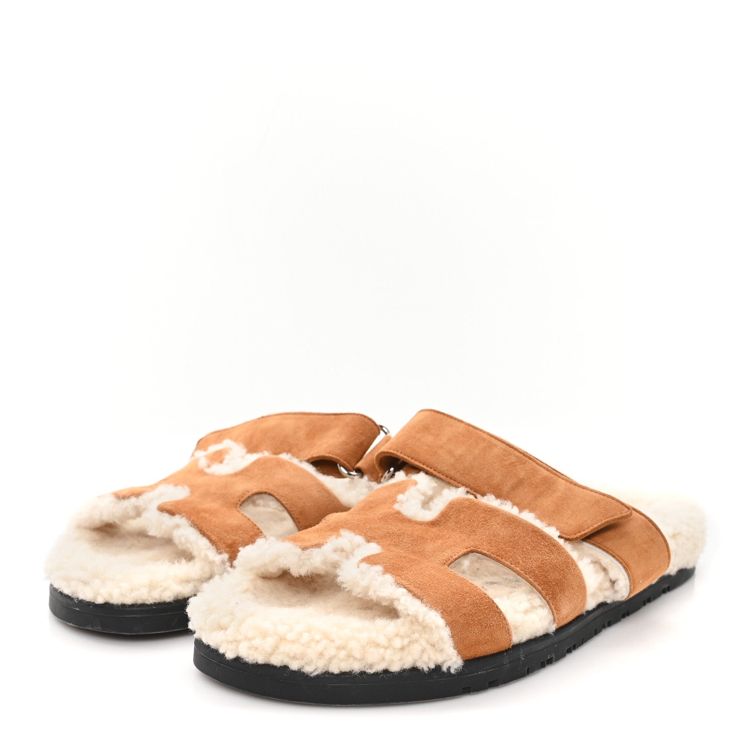 Hermes Suede Goatskin Woolskin Womens Chypre Sandals 38 Brun Fume Ecru 4 of 8