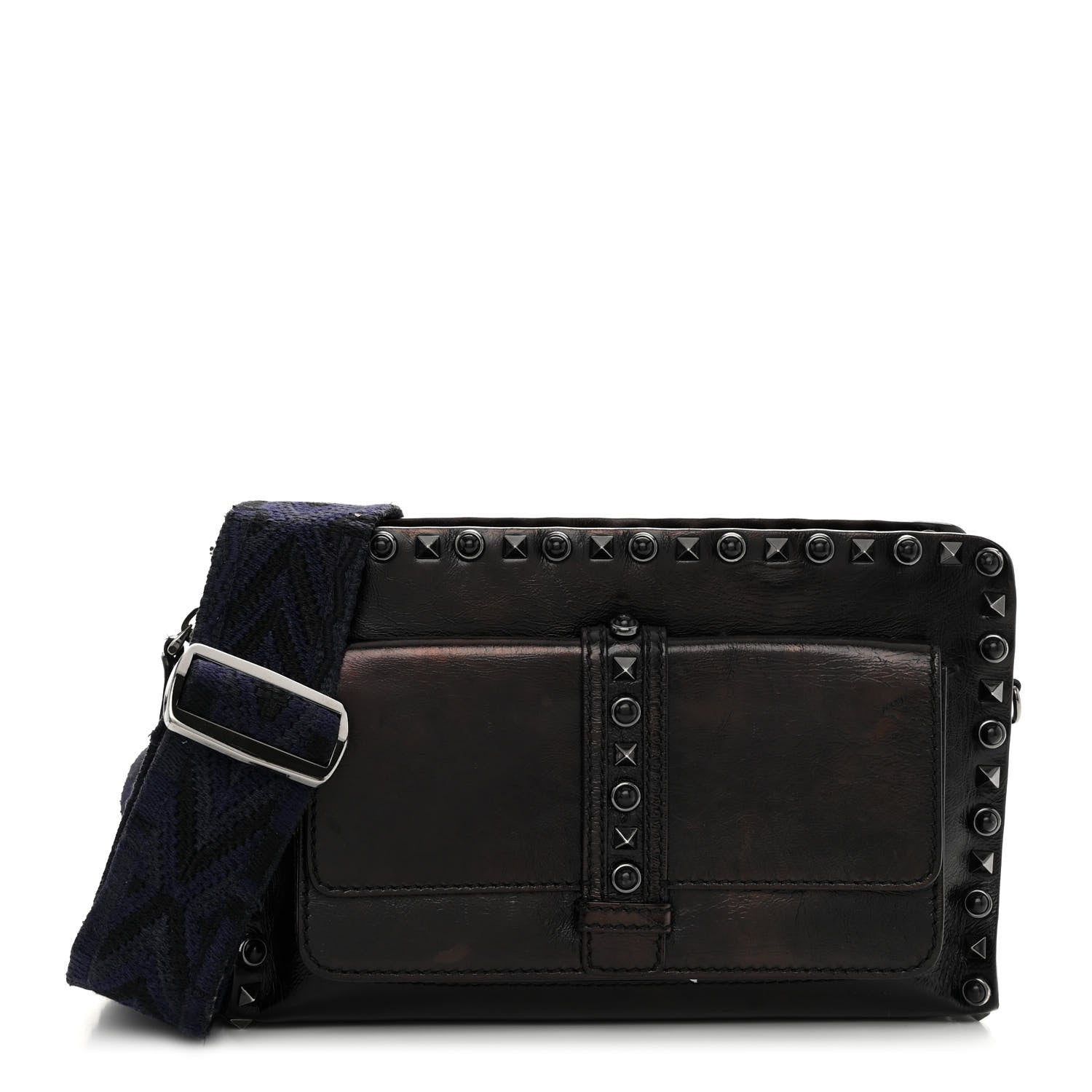Valentino Garavani Craquele Calfskin Small Guitar Strap Rockstud Rolling Flap Pocket Shoulder Bag Black 1 of 12