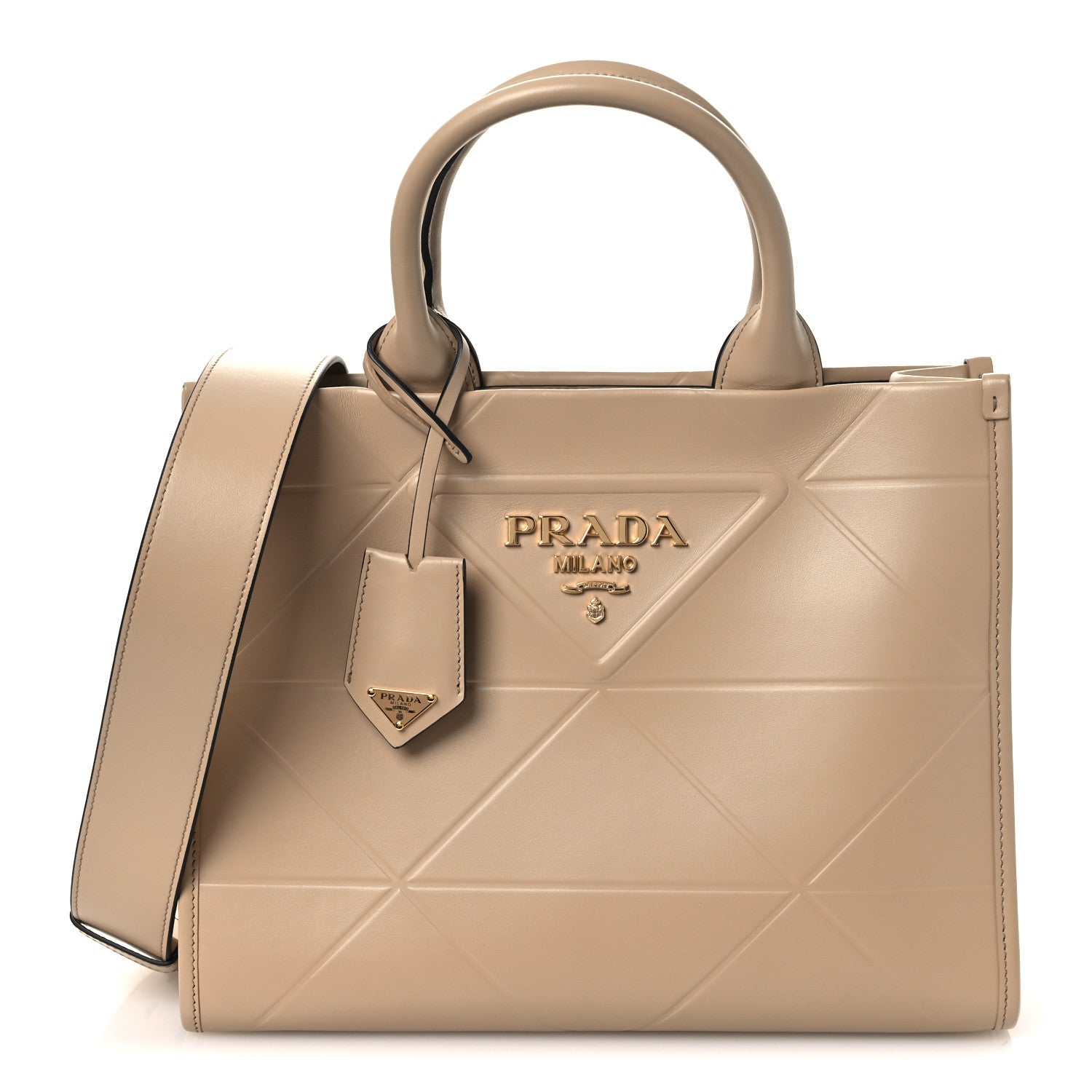 Prada Soft Calfskin Triangolo Symbole Embossed Small Tote Sabbia 1 of 10