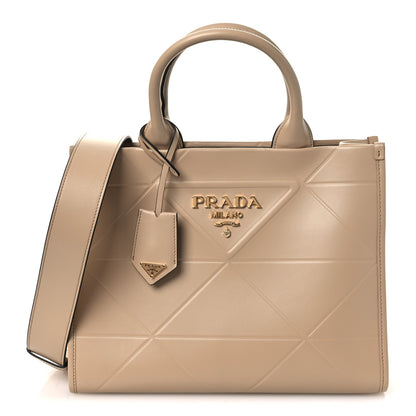 Prada Soft Calfskin Triangolo Symbole Embossed Small Tote Sabbia 1 of 10