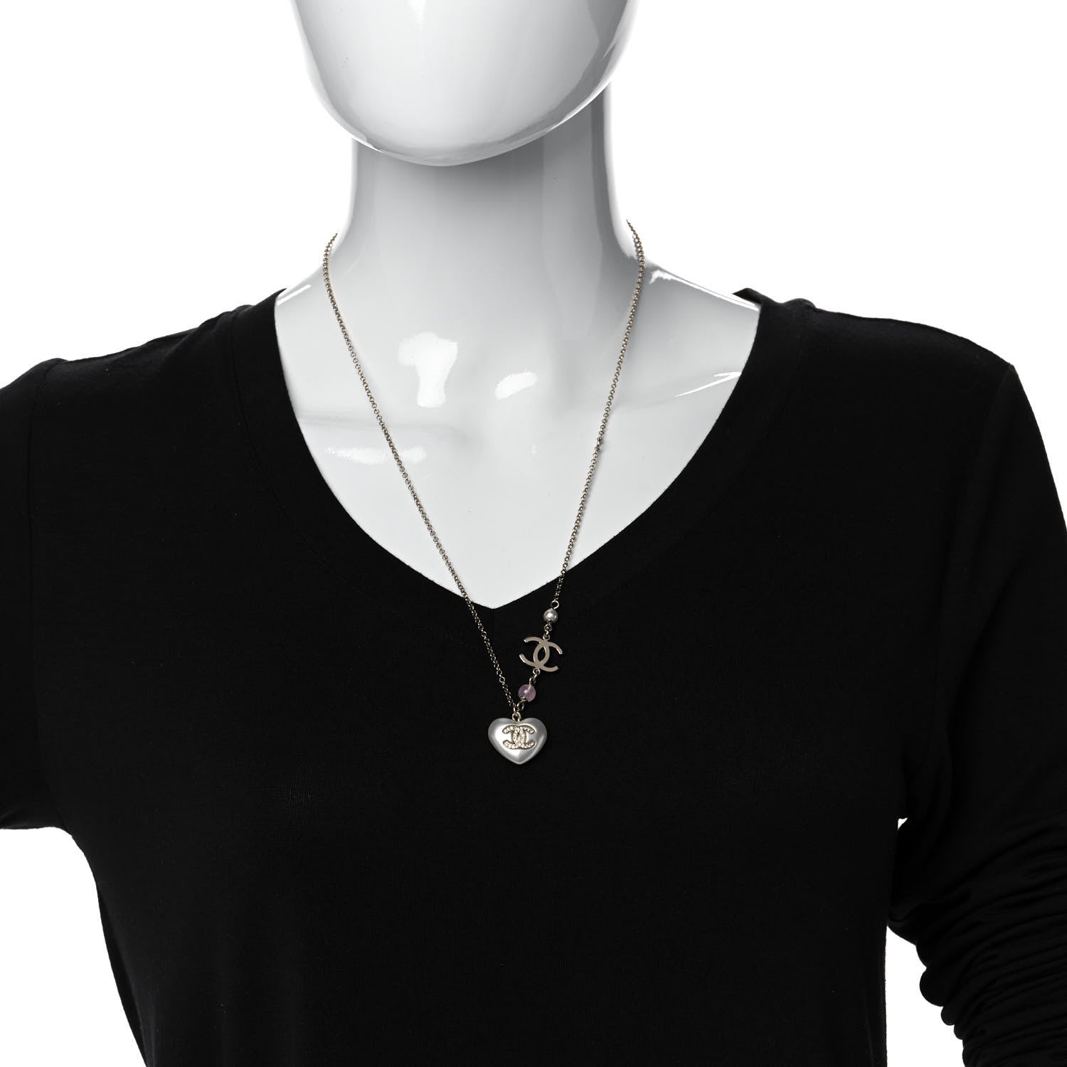 Chanel Resin Crystal CC Heart Necklace Pearly White Gold 2 of 6