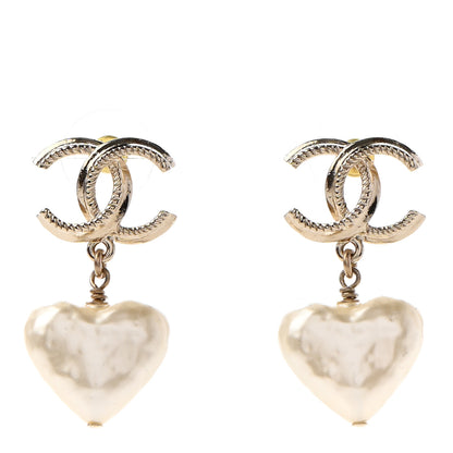 Chanel Pearl CC Heart Drop Earrings Gold 1 of 4