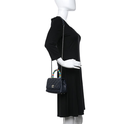 Chanel Goatskin Quilted Extra Mini Rainbow Coco Handle Flap Navy Blue 2 of 12