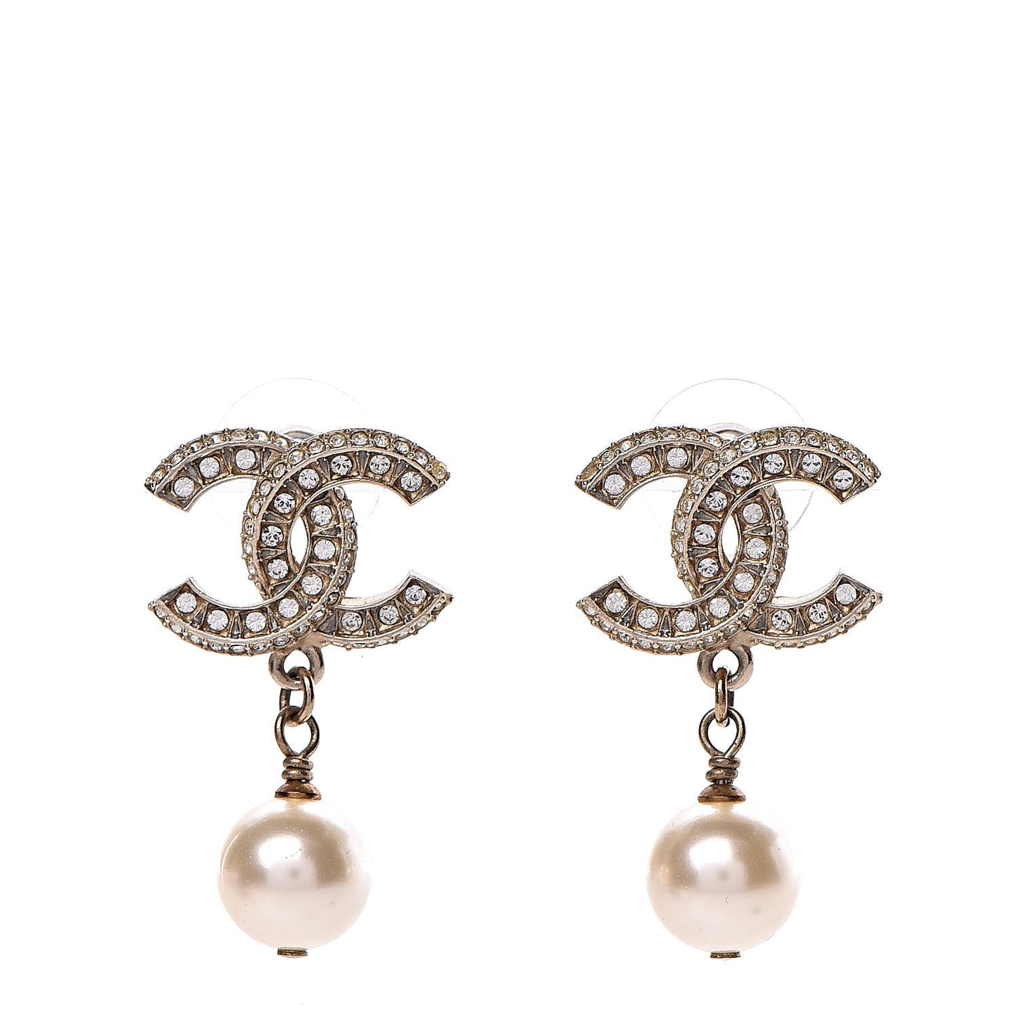 Crystal Pearl CC Drop Earrings Gold