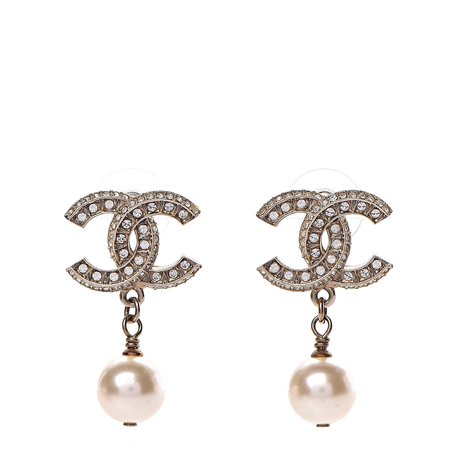 Chanel Crystal Pearl CC Drop Earrings Gold 1 of 4