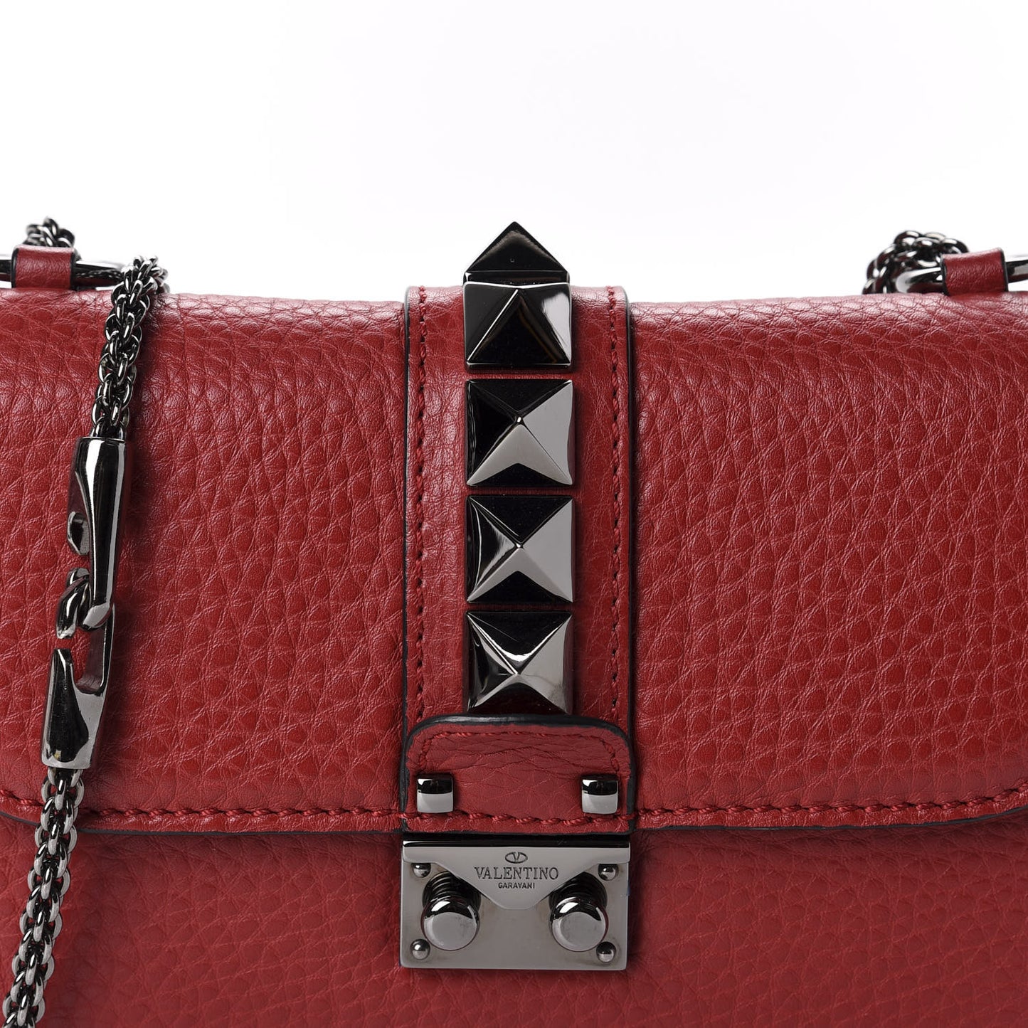 Pebbled Calfskin Small Glam Lock Rockstud Flap Red