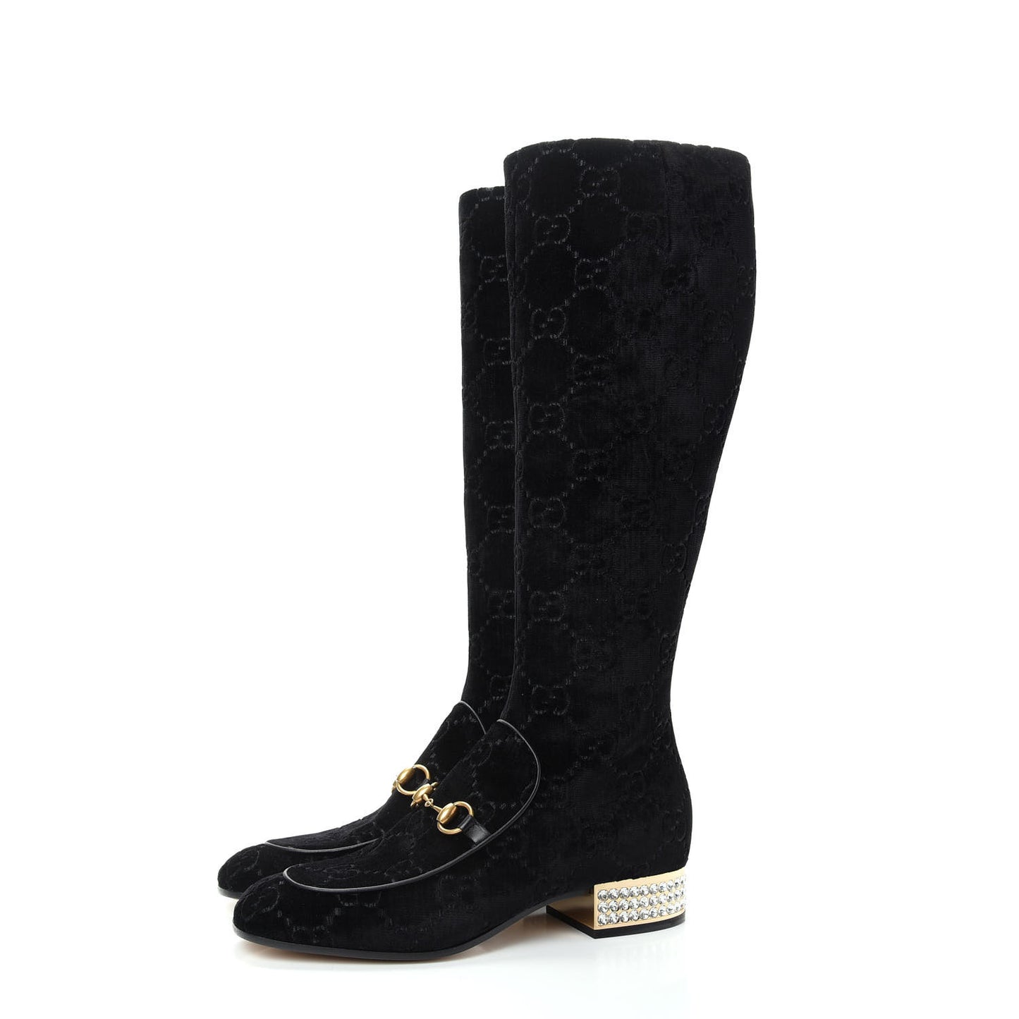 Velvet GG Monogram Crystal Horsebit Knee High Boots 40 Black