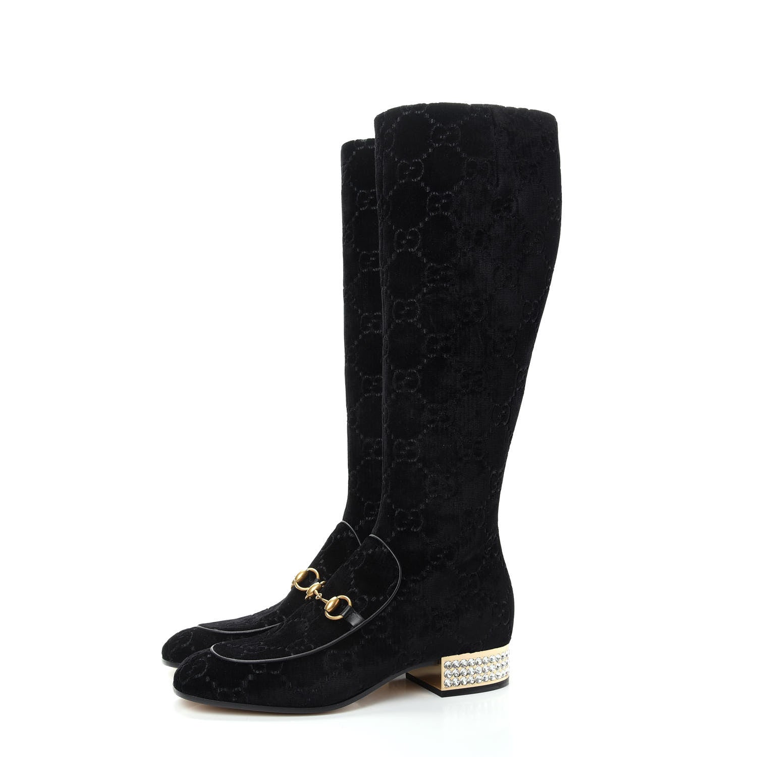Gucci Velvet GG Monogram Crystal Horsebit Knee High Boots 40 Black 3 of 11