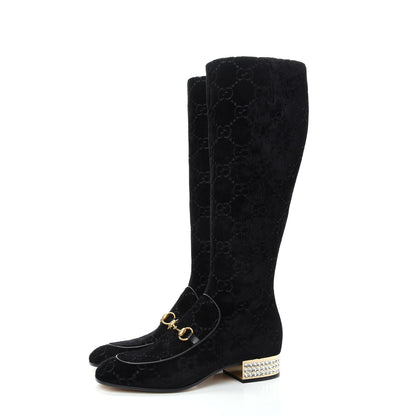 Gucci Velvet GG Monogram Crystal Horsebit Knee High Boots 40 Black 3 of 11