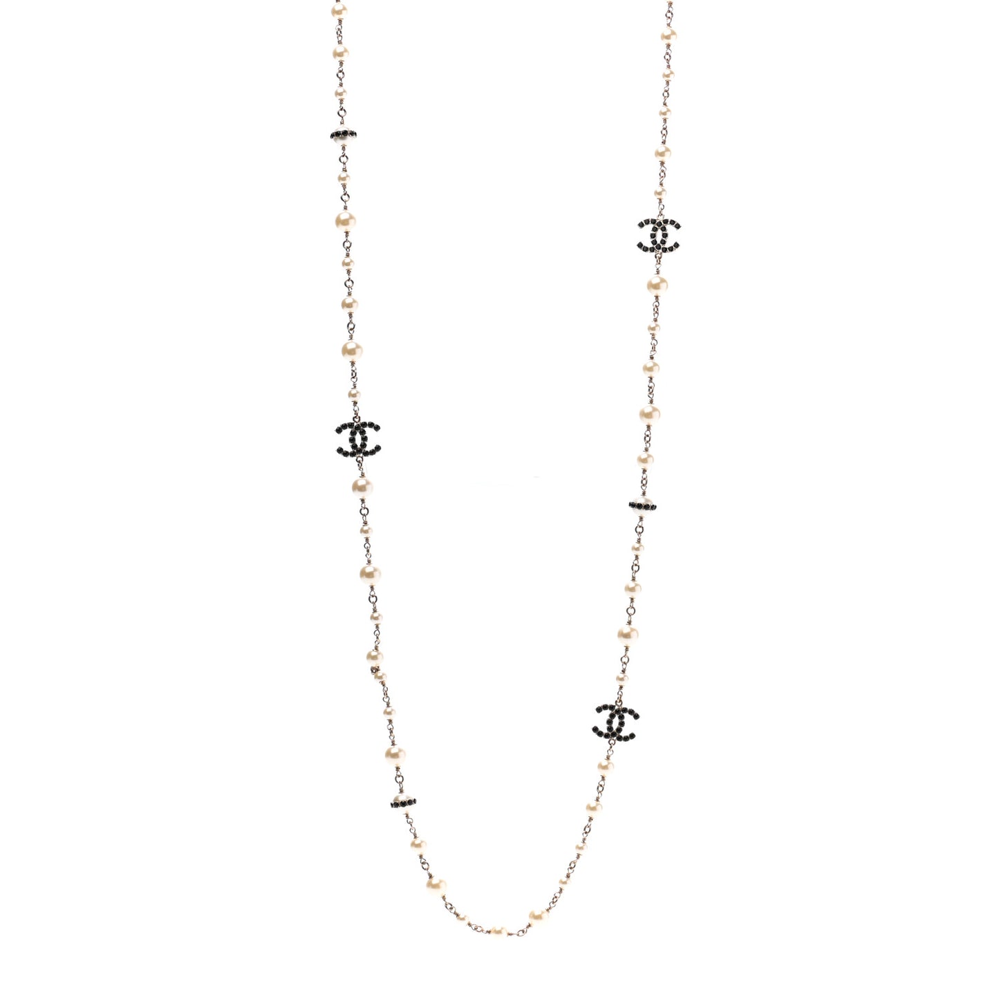 Pearl Crystal CC Long Necklace Black Gold