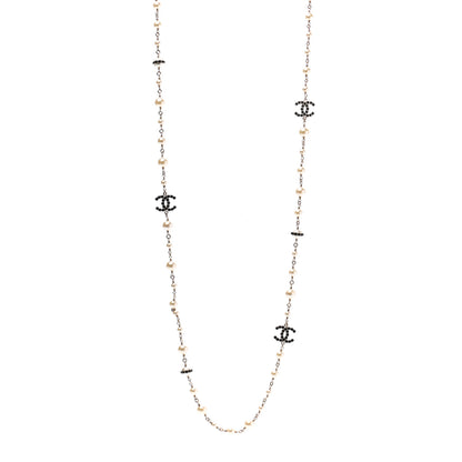 Chanel Pearl Crystal CC Long Necklace Black Gold 1 of 8