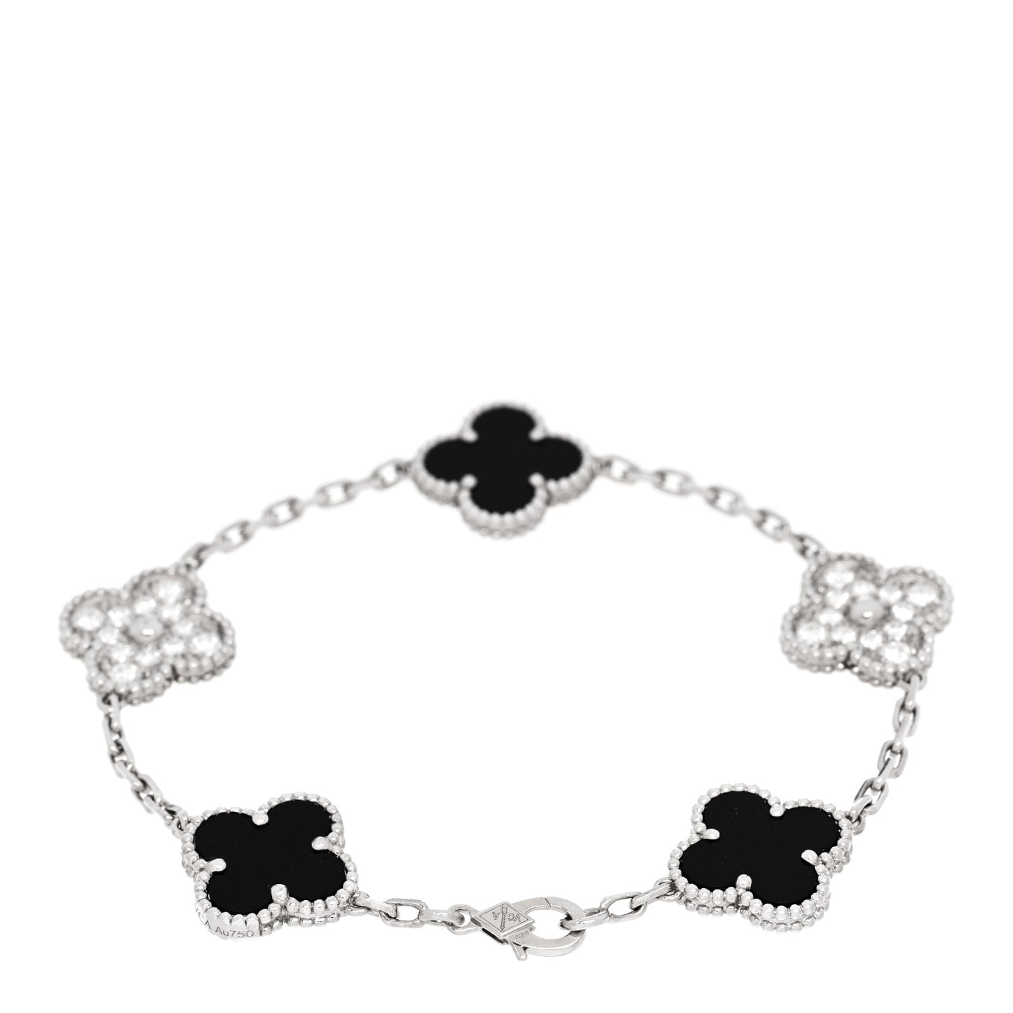 18K White Gold Diamond Black Onyx 5 Motifs Vintage Alhambra Bracelet