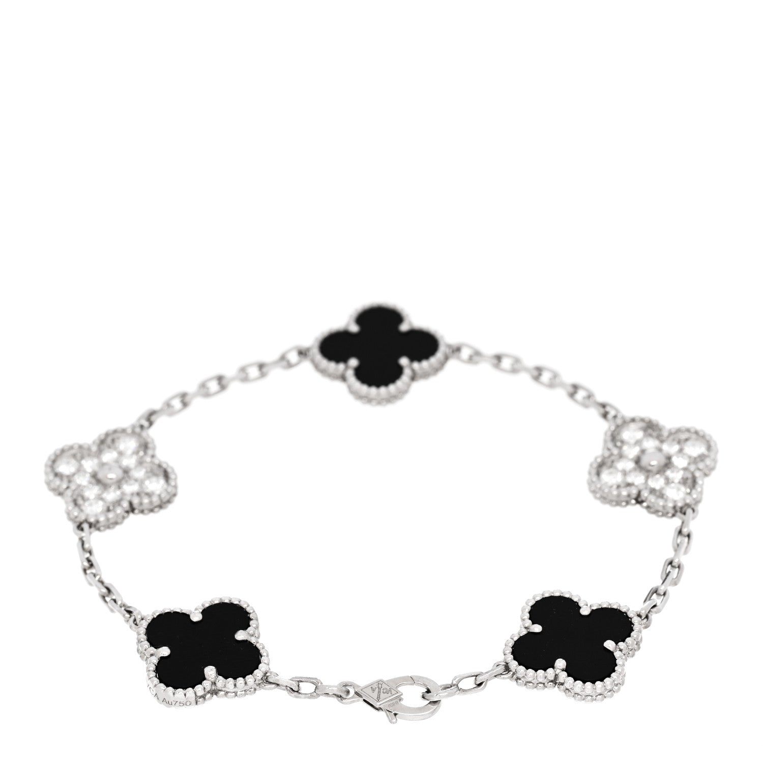 Van Cleef & Arpels 18K White Gold Diamond Black Onyx 5 Motifs Vintage Alhambra Bracelet 2 of 5