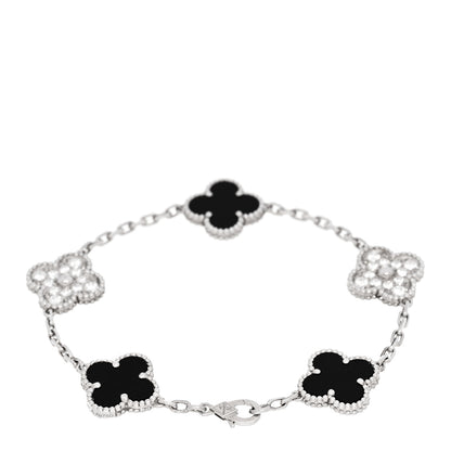 Van Cleef & Arpels 18K White Gold Diamond Black Onyx 5 Motifs Vintage Alhambra Bracelet 2 of 5