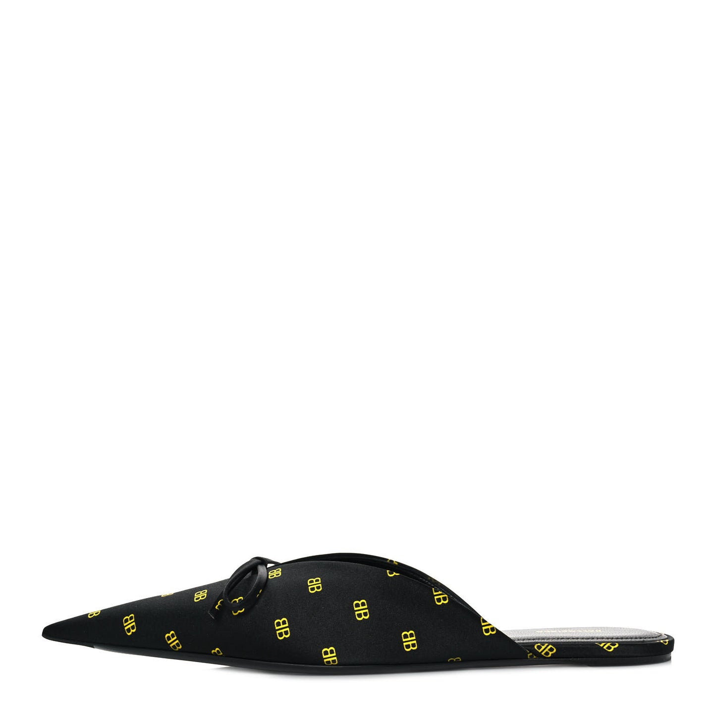 Crepe Satin BB Printed Pointy Toe Knife Flat Mules 37.5 Black Yellow Fluo