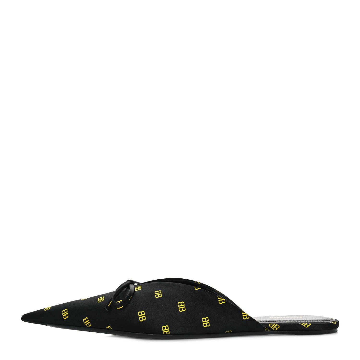 Balenciaga Crepe Satin BB Printed Pointy Toe Knife Flat Mules 37.5 Black Yellow Fluo 1 of 10