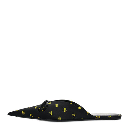 Balenciaga Crepe Satin BB Printed Pointy Toe Knife Flat Mules 37.5 Black Yellow Fluo 1 of 10