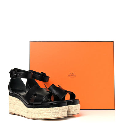 Hermes Goatskin Doll 60 Espadrille Wedge Sandals 39 Black 9 of 9
