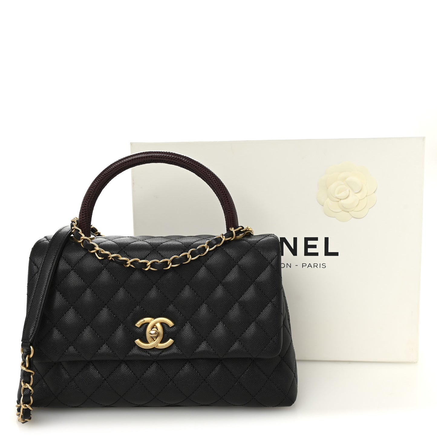 Caviar Lizard Quilted Small Coco Handle Flap Black