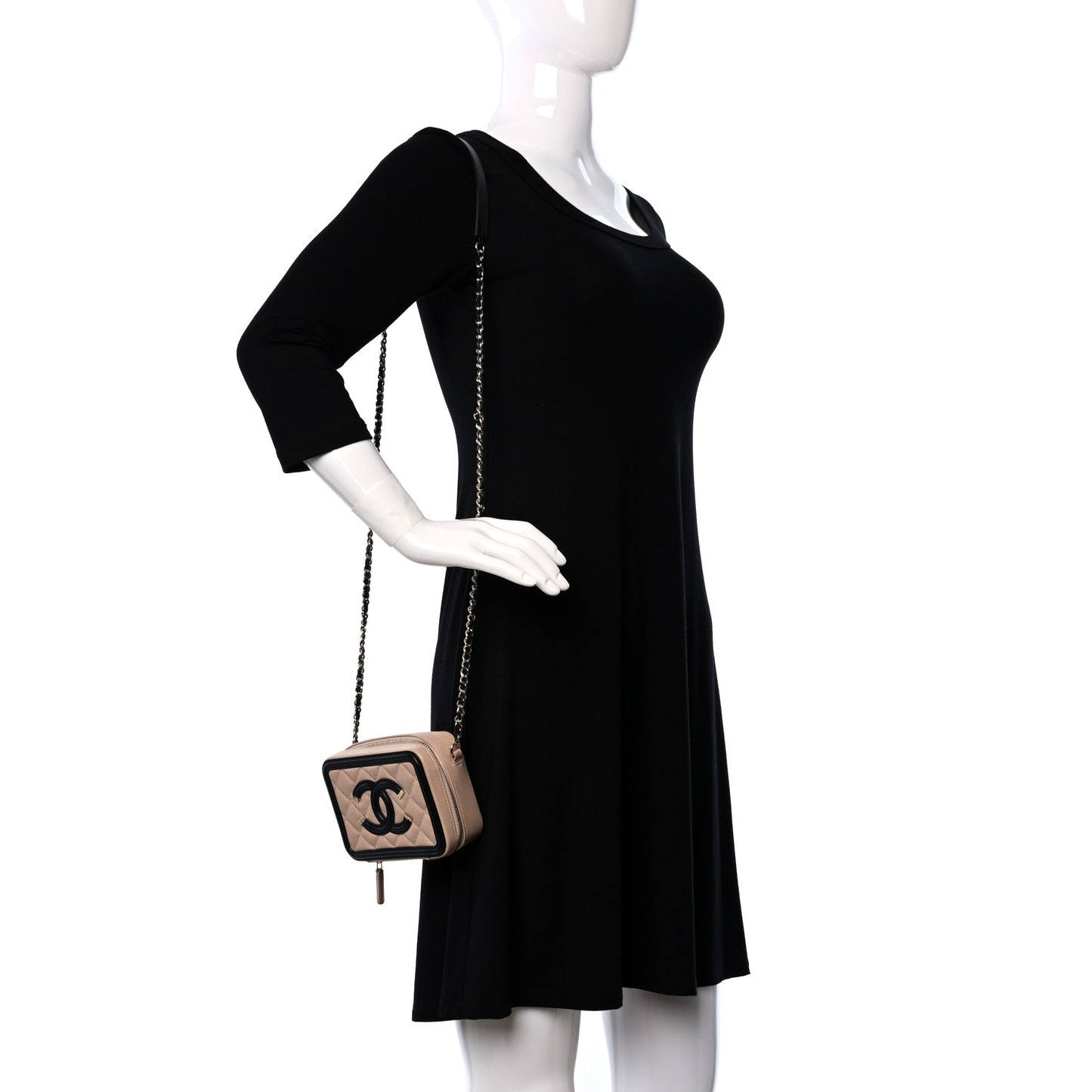 Caviar Quilted CC Filigree Vanity Clutch With Chain Beige Black